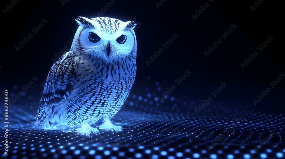 Poster glowing owl on dark background with light pattern image
