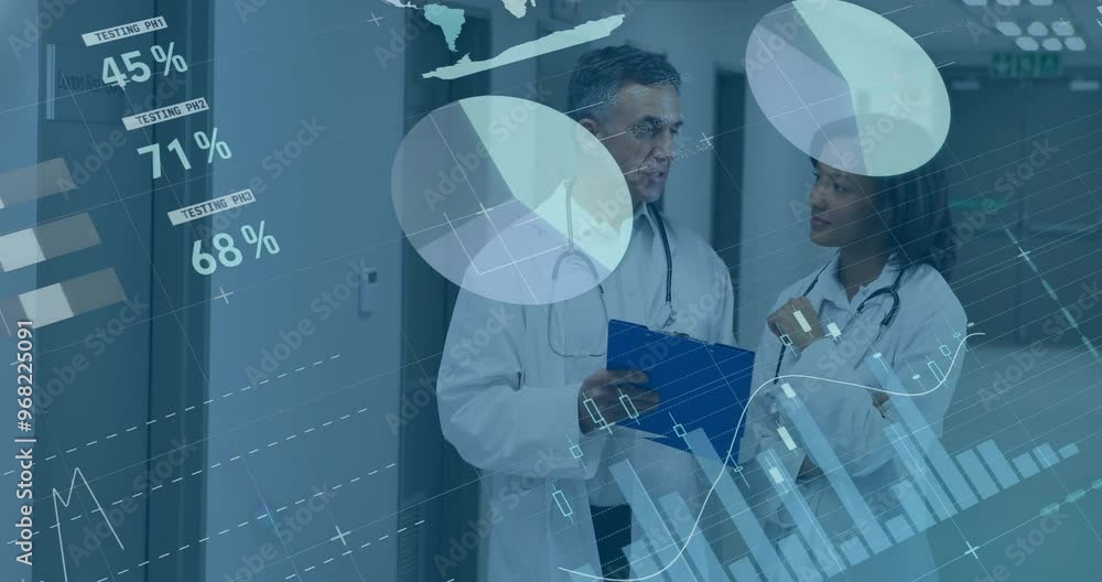 Poster animation of data processing and diagrams over diverse doctors talking in hospital