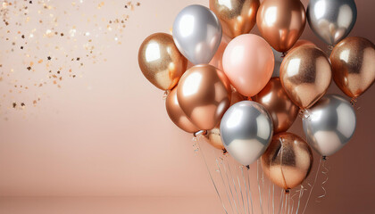 Festive bunch of metallic gold, silver, and pink balloons floating on a rose gold background with copy space