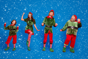 Full length photo of happy, elf people dance celebrate xmas wear hat costume enjoy isolated on red...