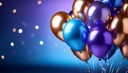 Group of shiny metallic balloons in purple, blue and gold floating on a blue background with lights