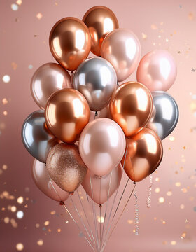 Metallic pink, gold, and silver balloons floating on a pink background with falling confetti