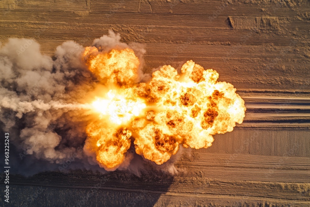 Poster a dynamic aerial capture of an explosion showcases a burst of fiery flames and smoke, highlighting t