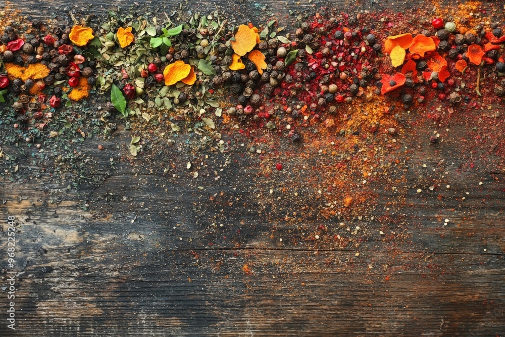Poster This image features a vibrant array of colorful spices such as turmeric and paprika scattered creatively on a wooden surface, showcasing culinary art and natural elements.