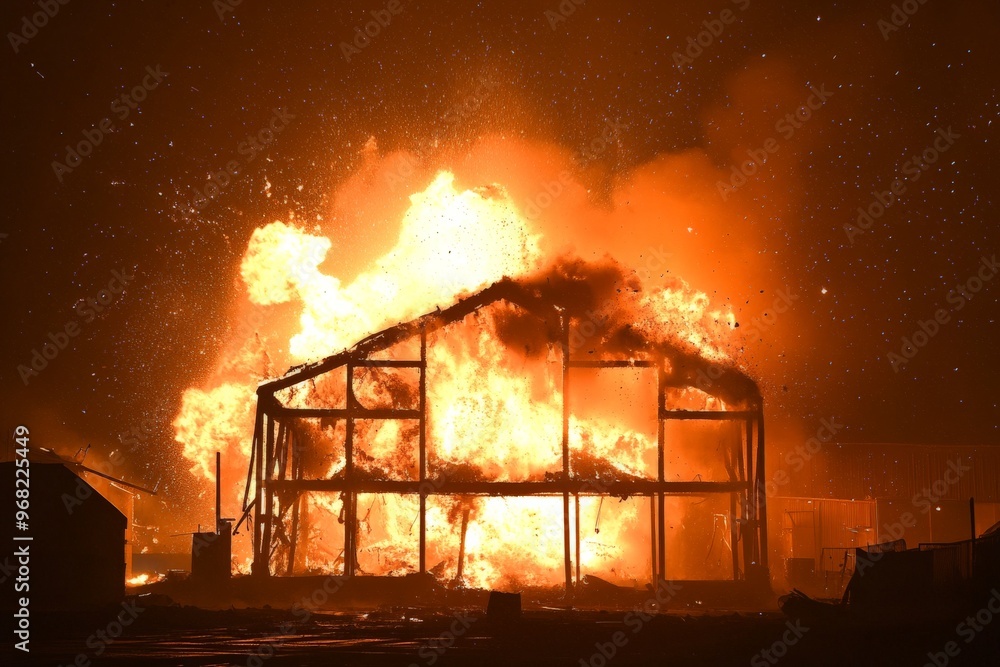 Poster a dramatic image showing a warehouse fully engulfed in flames during nighttime, with the fire lighti