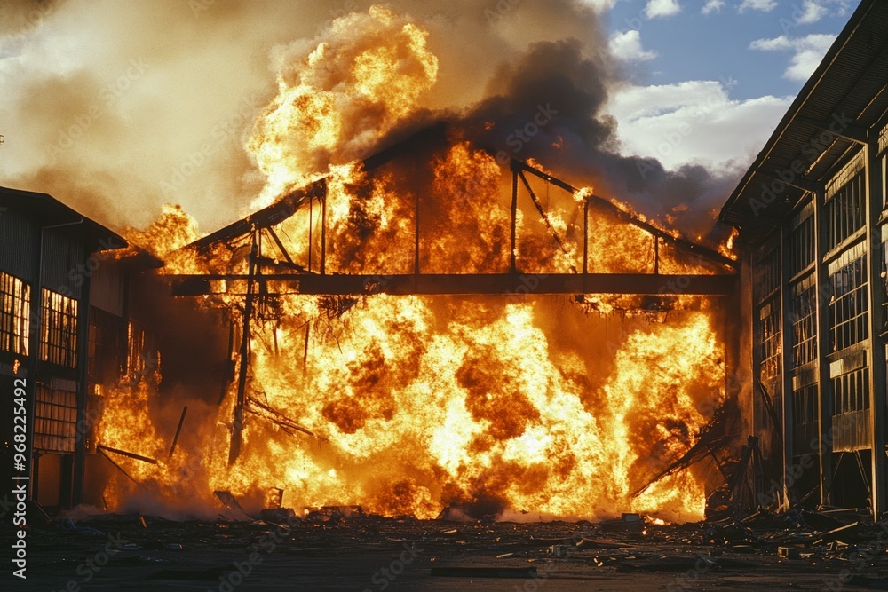 Aufkleber this image captures a warehouse in the midst of a severe fire, with flames reaching high into the sk