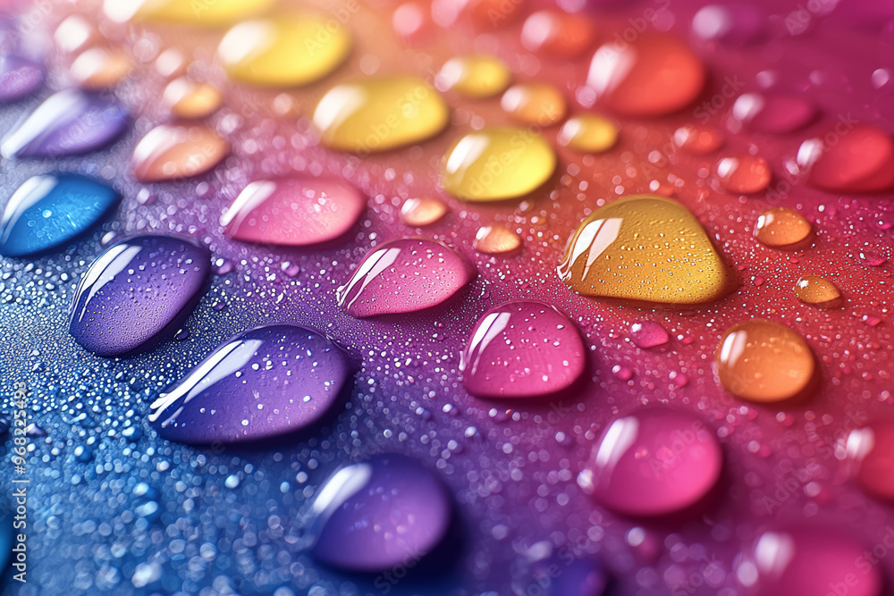 Poster a close-up of droplets of various colors blending together on a smooth surface, creating a vibrant, 