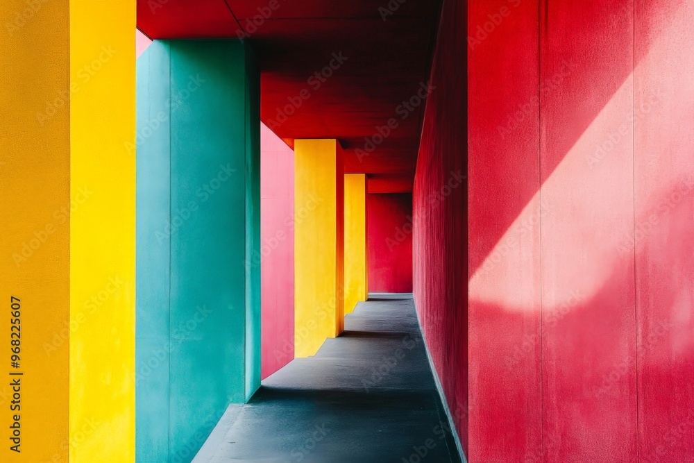 Poster a bright and colorful corridor adorned with geometric shapes and strong shadows, this image represen