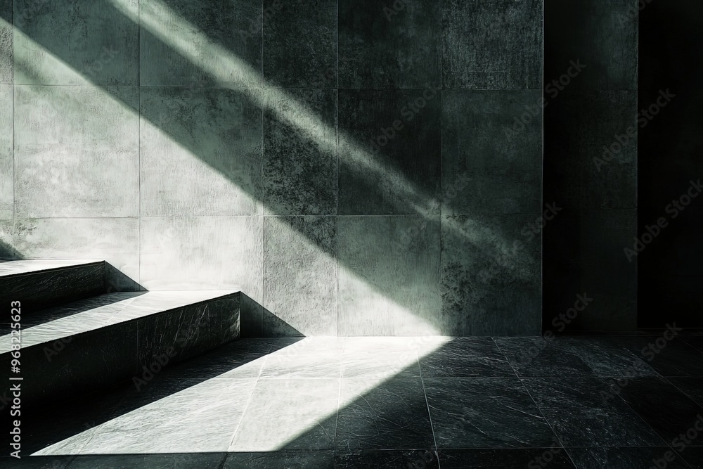 Poster A minimalistic staircase in monochrome, with angular light creating stark contrasts and shadows on concrete walls, evoking a sense of calm and introspection.