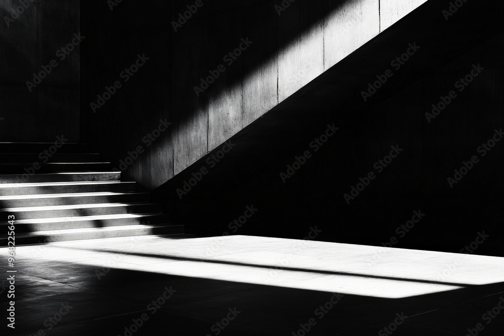 Poster A staircase enveloped in darkness, with intense light creating dramatic shadow play, highlighting its modern architecture and evoking mystery and depth.