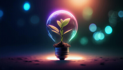 Green leaves in glass bulb on background of nature. Eco-friendly banner for environmental protection.