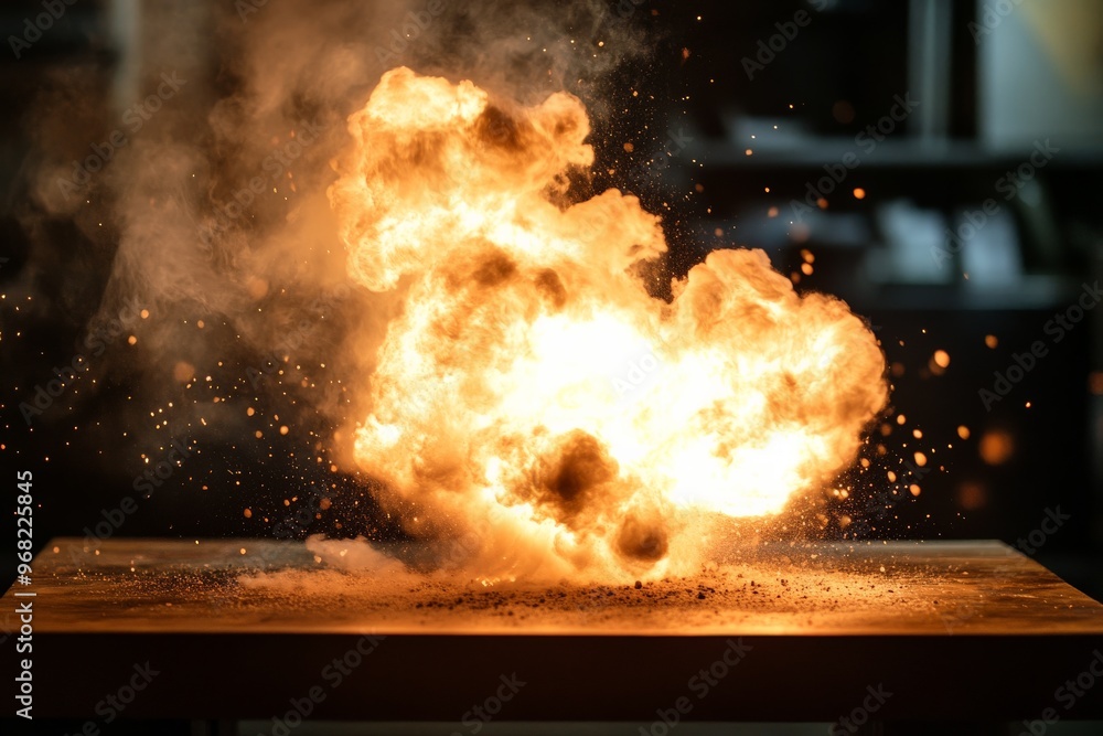 Aufkleber an explosive burst of fiery flame is captured on a wooden surface, depicting an intense, dynamic sur