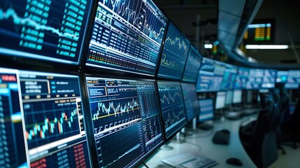 A dynamic stock market display with live trading charts, candlestick patterns.