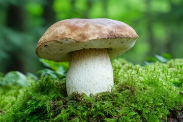 Close-Up of a Single Porcini Mushroom Growing in Moss