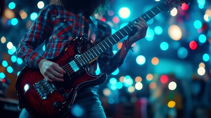 Obraz premium Close-up of a Guitarist's Hand Playing an Electric Guitar with a Blurred Background of Stage Lights
