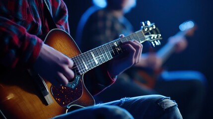Obraz premium Close-up of a Musician's Hands Playing an Acoustic Guitar