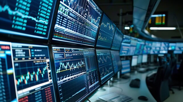 A dynamic stock market display with live trading charts, candlestick patterns.