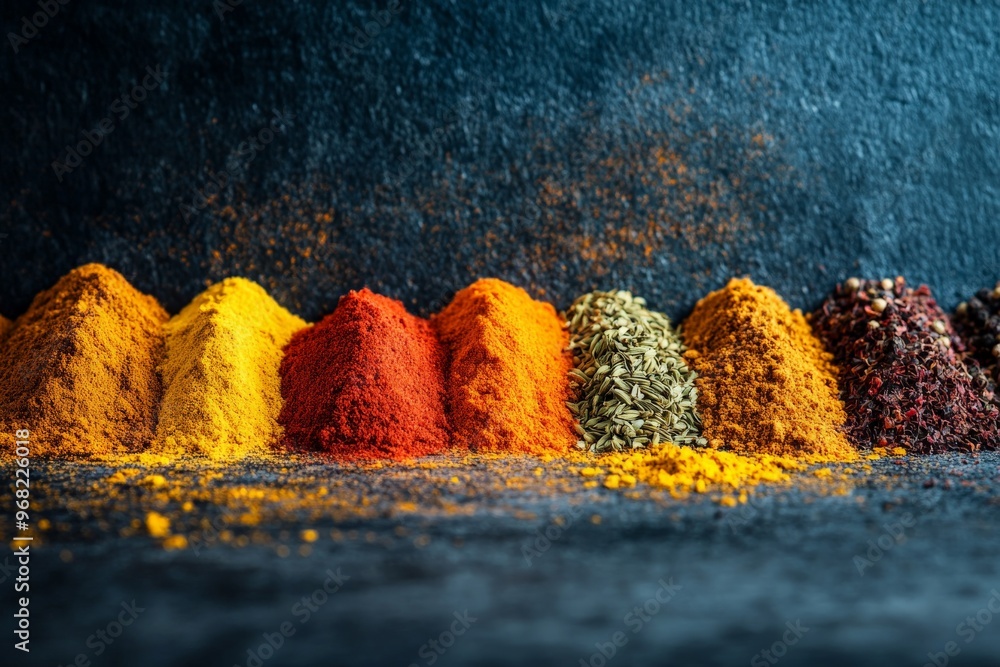 Poster A vibrant display of spices arranged in colorful piles, showcasing a variety of vibrant hues and textures on a dark background, representing an array of culinary options.