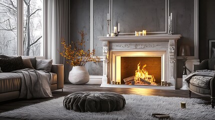 Fototapeta premium Chic home interior with stylish furnishings and a cozy, inviting fireplace.