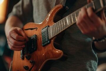 Obraz premium Closeup of a Person Playing a Sunburst Electric Guitar