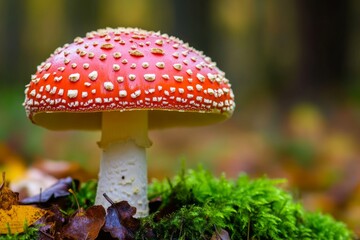Close-Up of an Amanita Muscaria Mushroom with Its Red Cap and White Spots