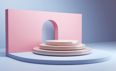 Minimal scene with podium and arch background. Pastel full colors scene. Trendy 3d render for social media banners, promotion, cosmetic, and product mock up