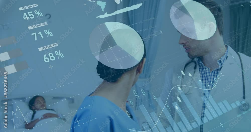 Poster animation of data processing and diagrams over diverse doctors with patient in hospital