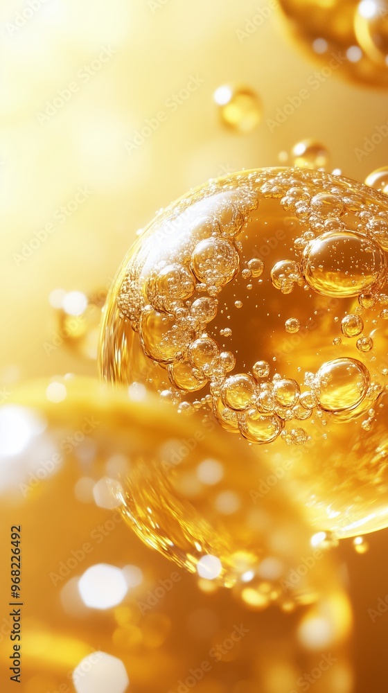 Poster golden bubbles floating in warm light create a mesmerizing and soothing visual effect in a vibrant a