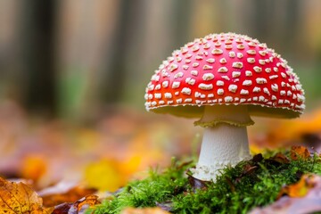 Close-Up of an Amanita Muscaria Mushroom with Its Red Cap and White Spots