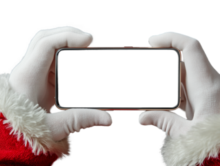 A figure dressed as Santa Claus, wearing festive gloves and a red coat, holds a smartphone featuring a blank screen, suggesting a call or message waiting to be sent