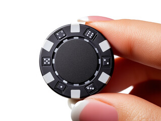 A hand delicately holds a black poker chip featuring prominent dice patterns, showcasing an inviting atmosphere for gaming and betting activities at a casino