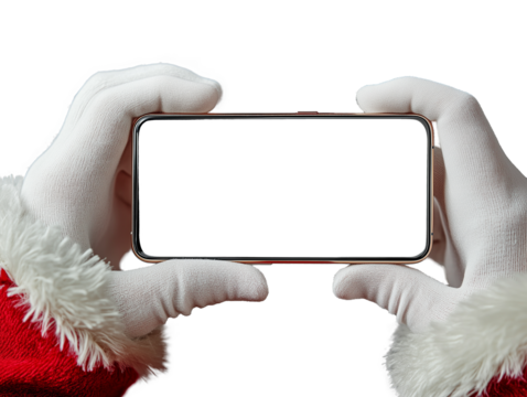 A figure dressed as Santa Claus, wearing festive gloves and a red coat, holds a smartphone featuring a blank screen, suggesting a call or message waiting to be sent - Powered by Adobe