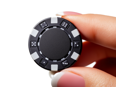 A hand delicately holds a black poker chip featuring prominent dice patterns, showcasing an inviting atmosphere for gaming and betting activities at a casino