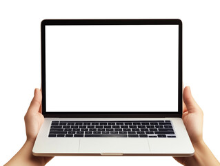 A pair of hands firmly grips a blank laptop, presenting it against transparent background, ideal for showcasing designs or layouts in a professional setting