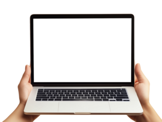 A pair of hands firmly grips a blank laptop, presenting it against transparent background, ideal for showcasing designs or layouts in a professional setting