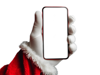 A hand in a white glove holds a smartphone, symbolizing Santa Claus's modern approach during the holiday season
