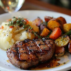 A deliciously arranged plate featuring a perfectly cooked piece of meat, smooth garlic mashed potatoes, and vibrant roasted vegetables. Natural lighting enhances the meal's visual appeal.