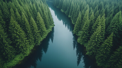 Aerial View of Reflective River Winding Through Symmetrical Evergreen Forest - Powered by Adobe