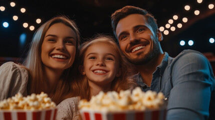 Fototapeta premium Joyful family having a cozy movie night at the theater, watching a big screen and sharing popcorn, creating an atmosphere of love and happiness