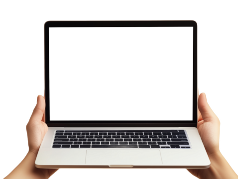 A pair of hands firmly grips a blank laptop, presenting it against transparent background, ideal for showcasing designs or layouts in a professional setting