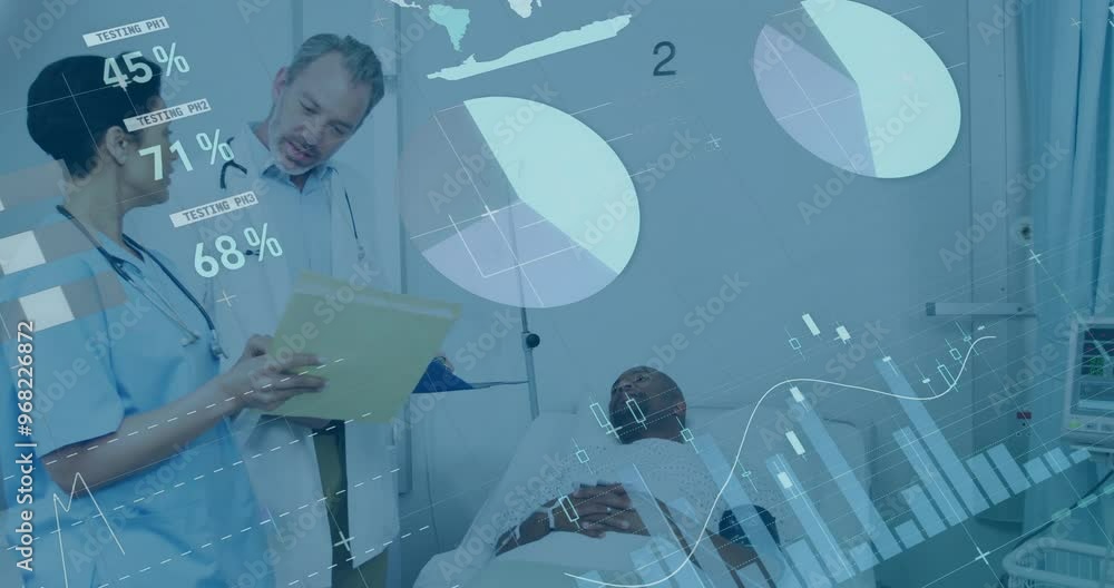 Poster animation of data processing and diagrams over diverse doctors with patient in hospital