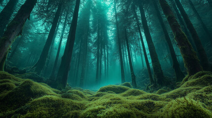 Serene high-altitude forest with glowing neon moss, dark pine trees, and vibrant teal sky, low-angle shot showcasing vivid natural textures and striking contrast