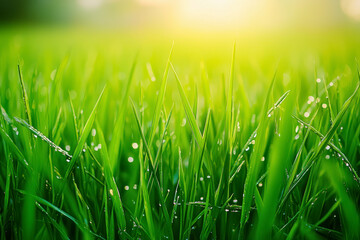 Fototapeta premium A close up of a green field of rice, a close up of a rice field, a field of green rice with tall grass, rice field in Bangladesh.