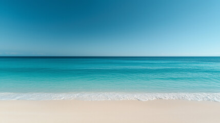 Serene beach with smooth white sand, calm ocean waves, and a seamless gradient sky in vibrant blue tones, capturing the beauty of tranquility and isolation