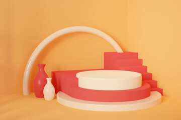 Minimal scene with podium and arch background. Pastel full colors scene. Trendy 3d render for social media banners, promotion, cosmetic, and product mock up