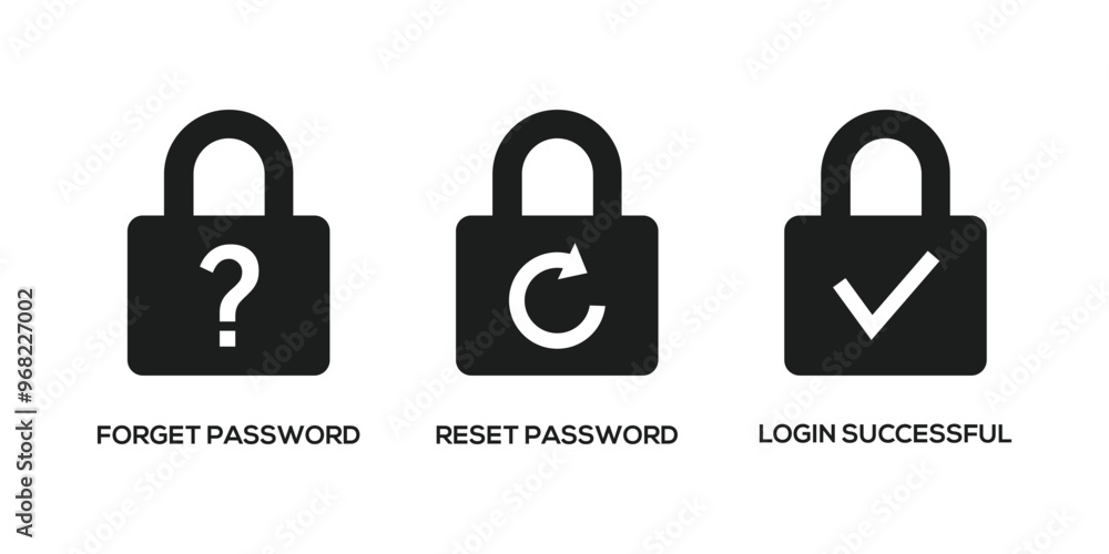 Poster forget password icon. reset password icon. login icon. account protection, security key, danger warn