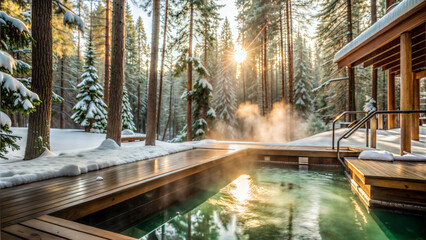 Outdoor Hot Spring Pool in a Snowy Forest with Wooden Cabin