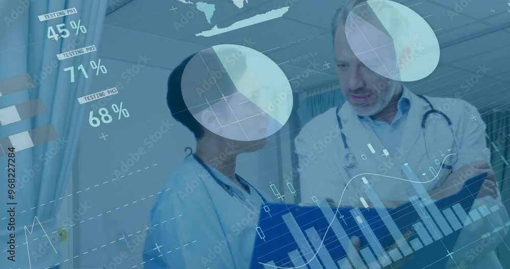 Poster animation of data processing and diagrams over diverse doctors talking in hospital