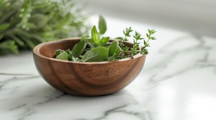 Fototapeta premium Freshly harvested herbs in a wooden bowl on a marble countertop during natural light hours