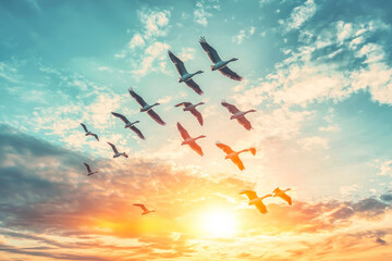 Naklejka premium Flock of geese flying in the sky.